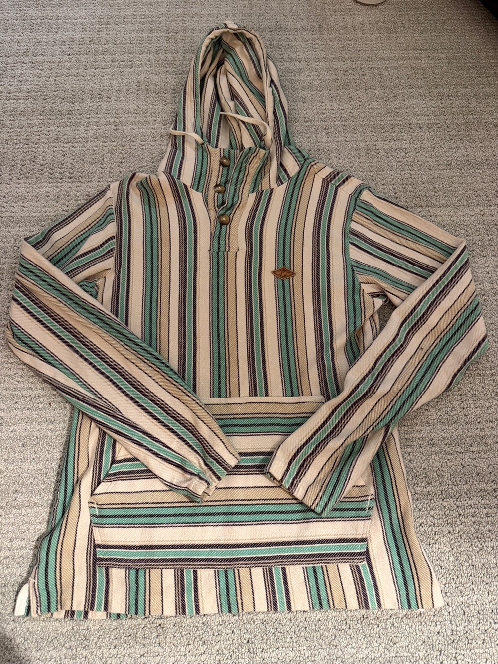 Billabong Striped Hooded Zip-Up Sweater in Cream, Teal, Brown, and Black